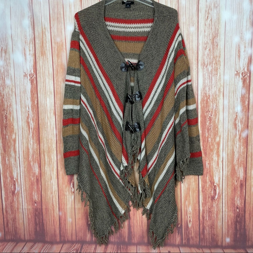 Zoria Kimono Wrap Poncho Fringe Sweater (M)